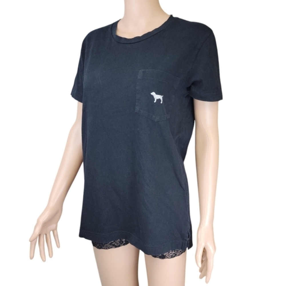 Pink Womens Black T-Shirt With Sequins‎ Back Logo Graphic Size XS